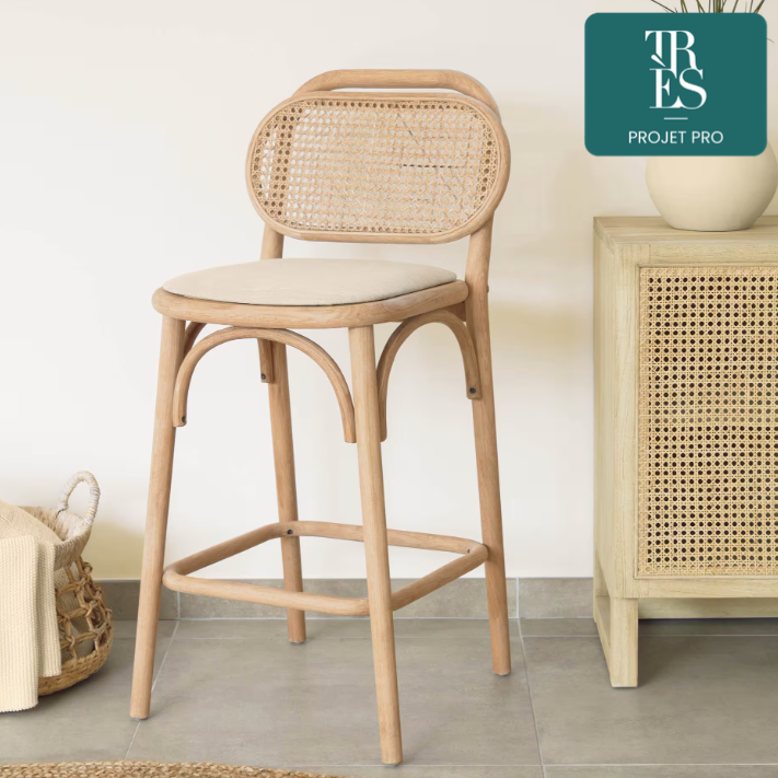 Tabouret Doriane bois de chêne finition naturelle 65 cm siège avec revêtement