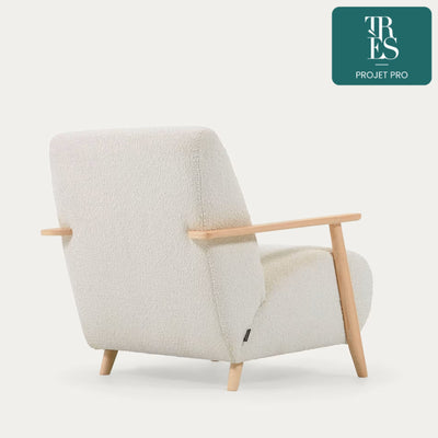 Fauteuil Meghan bouclette blanc et pieds en bois massif